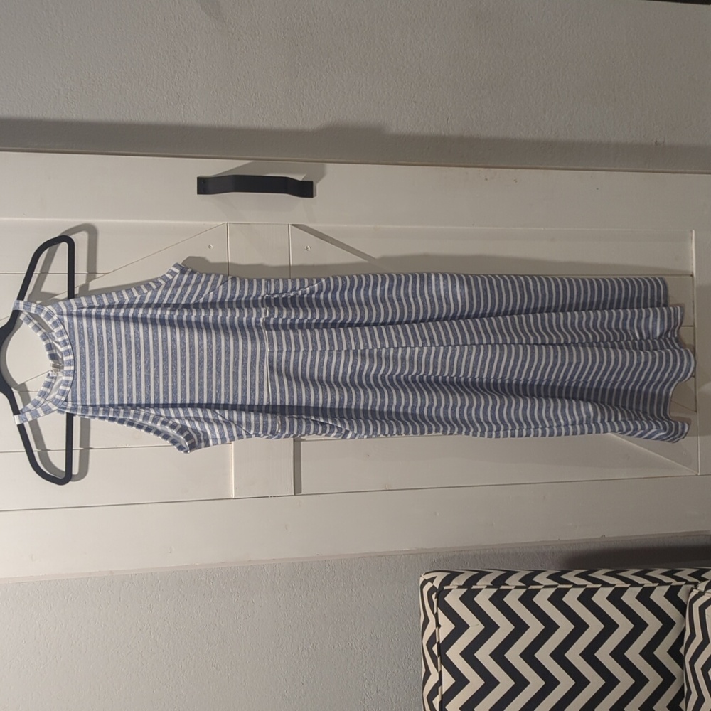 Jumpsuit Sleeveless Top Blue/White Striped Romper w/ Belt & Back Zipper. Sz. XL